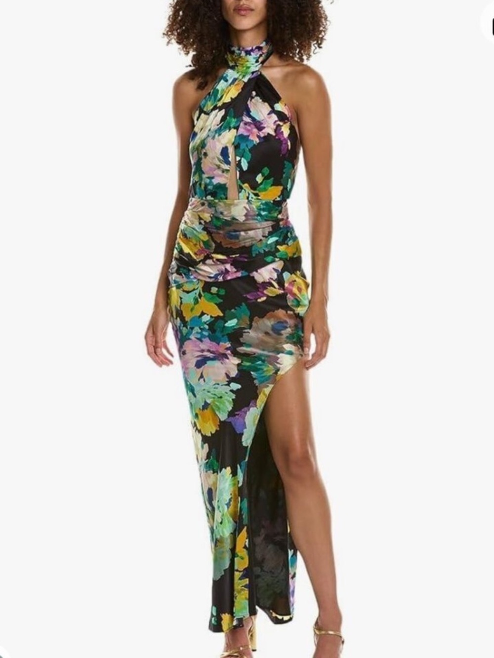 NICHOLAS Catalina Black/Multi Silk Floral Halter High-Slit Maxi Dress - Sz 6